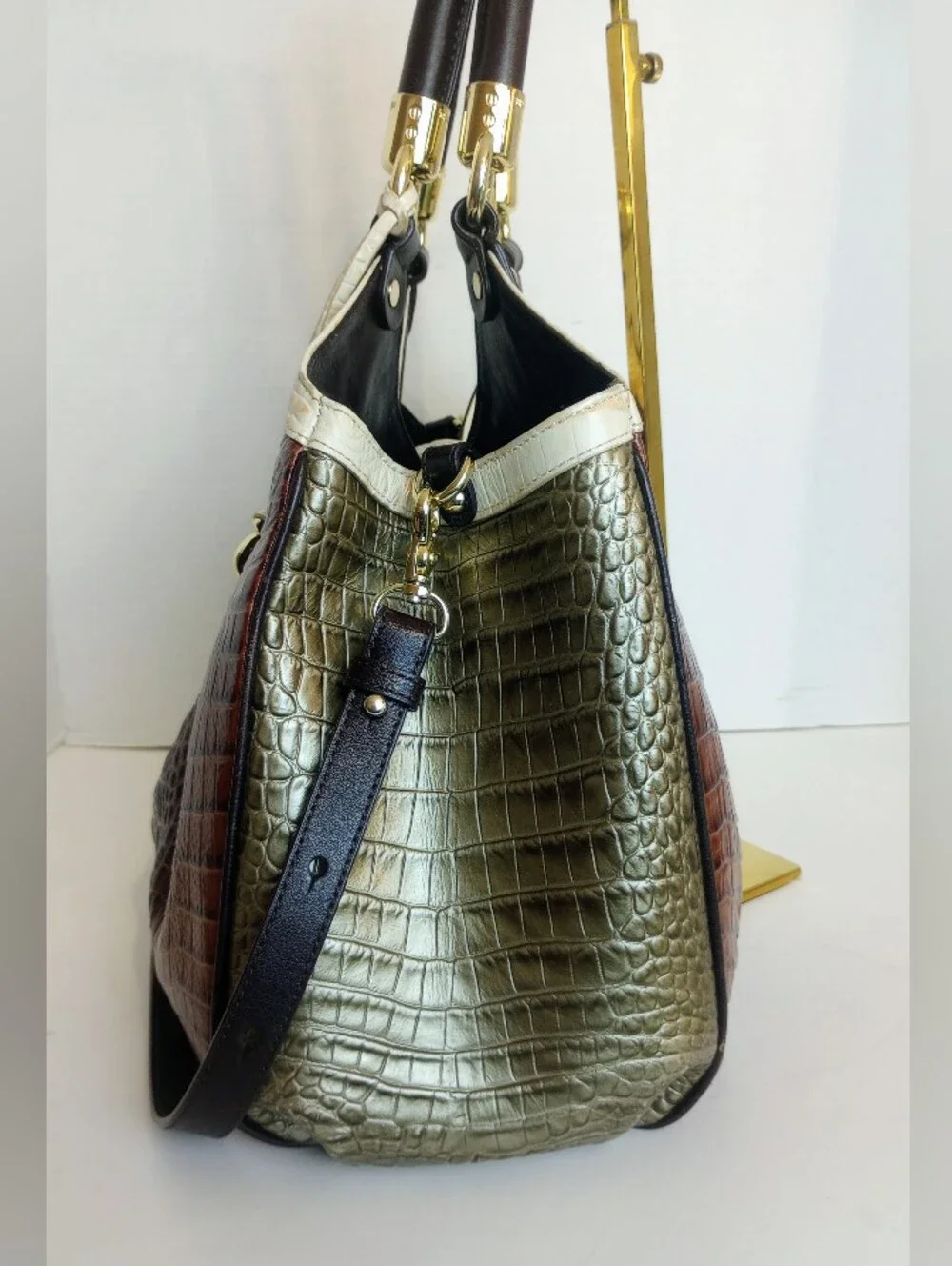 Brahmin Elisa Hobo Crossbody Satchel Croc Embossed Leather Multi Color